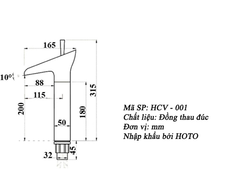 Thông số kĩ thuật vòi nước bằng đồng hcv001