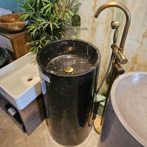 Lavabo đá tự nhiên nguyên khối hình trụ đứng màu đen tia chớp.