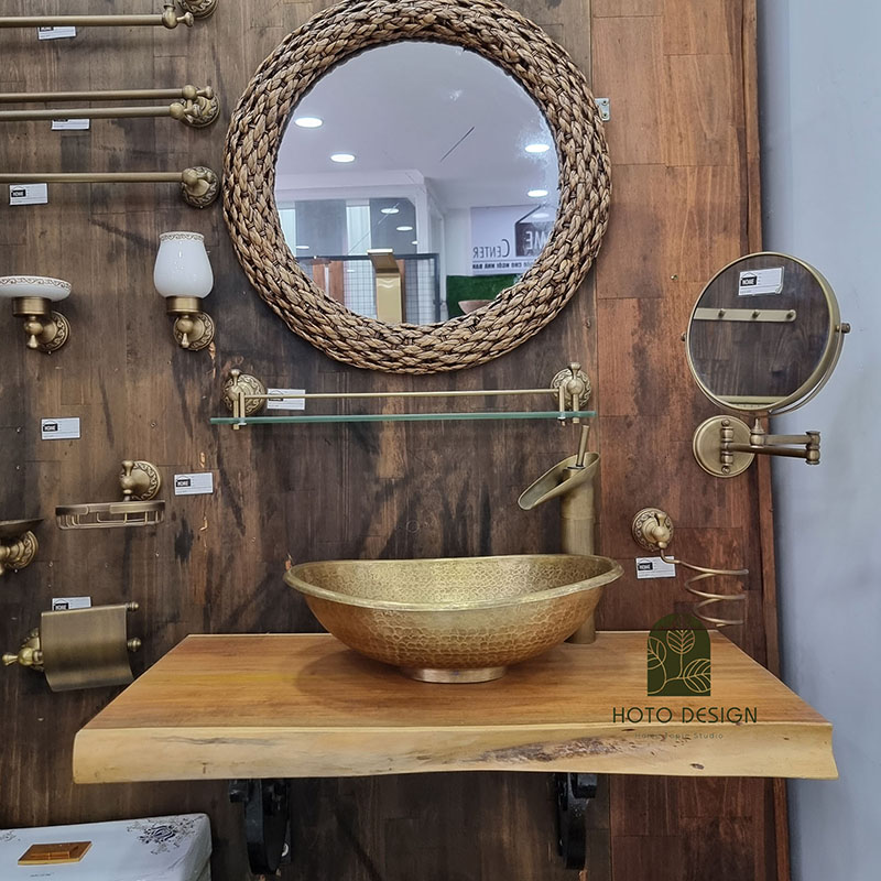 Bộ bàn gỗ me tây nguyên tấm treo tường sử dụng cho lavabo bằng đồng.