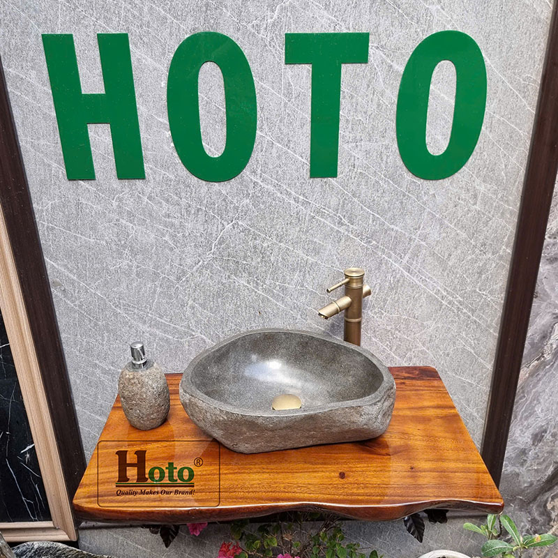 Bộ bàn gỗ me tây nguyên tấm treo tường sử dụng cho lavabo đá cuội.