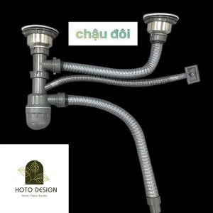 Bộ xả chậu rửa bát bằng inox kết hợp ống nhựa giá rẻ loại đôi.