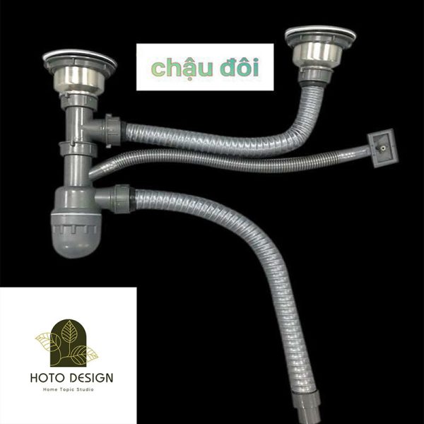 Bộ xả chậu rửa bát bằng inox kết hợp ống nhựa giá rẻ loại đôi.