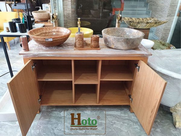 Tủ lavabo đôi bằng gỗ cao su chống nước dùng cho 2 lavabo đặt nổi.