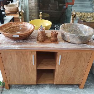 Tủ lavabo đôi bằng gỗ cao su chống nước dùng cho 2 lavabo đặt nổi.
