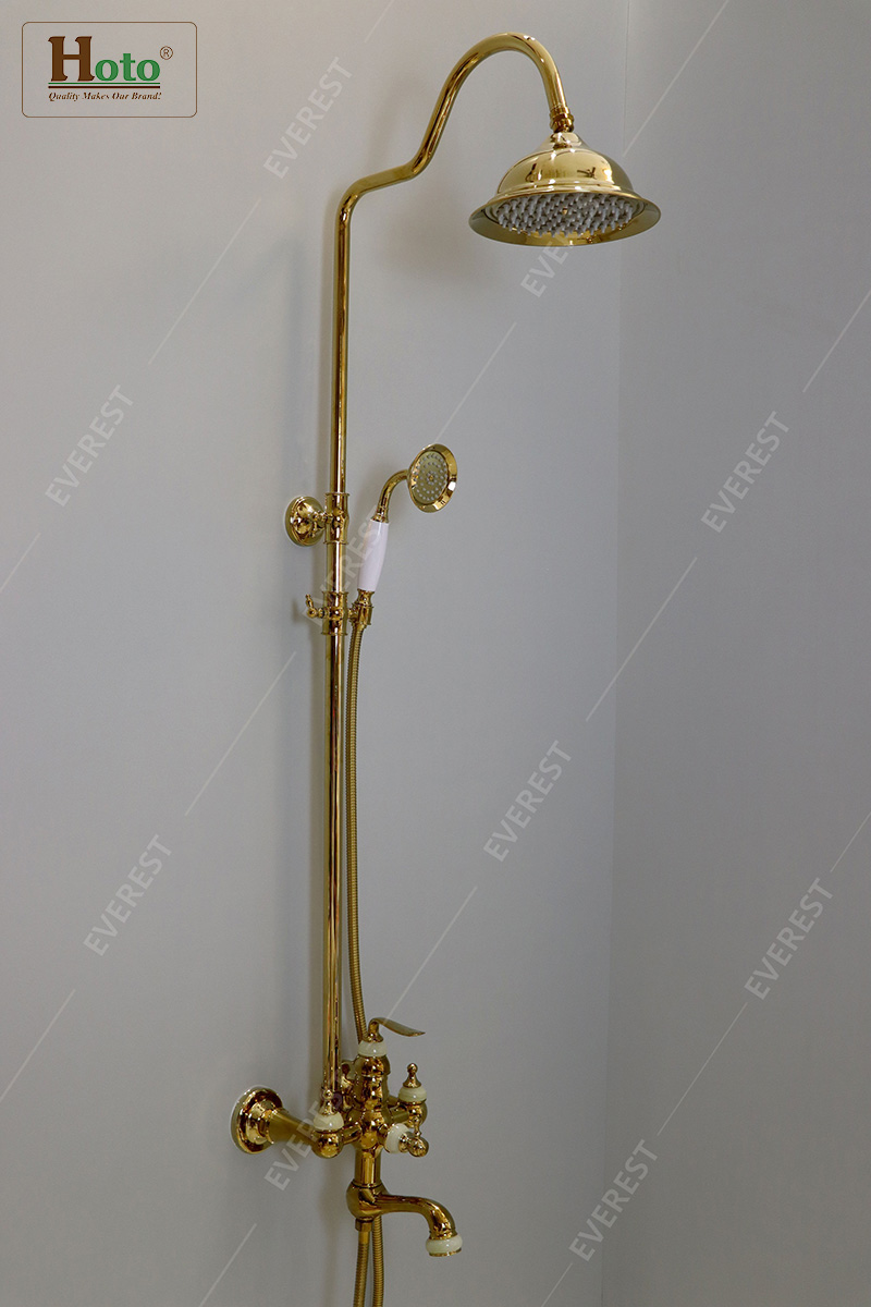 Vòi sen tắm đứng mạ vằng bằng đồng đính đá cao cấp cho nhà tắm cổ điển.