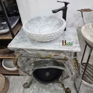 Bàn đá đặt lavabo kiểu cổ điển loại đặt sàn nhà tắm màu trắng.