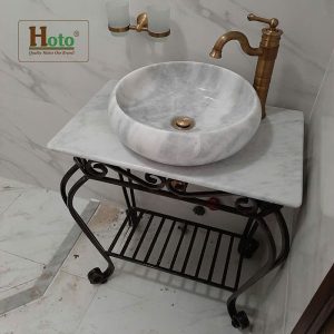 Bàn đá trắng đặt lavabo cao cấp sử dụng đặt sàn, phù hợp với không gian hoài cổ.