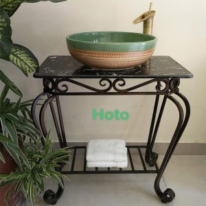 Bàn đá đen đặt lavabo cao cấp sử dụng đặt sàn, phù hợp với không gian hoài cổ.