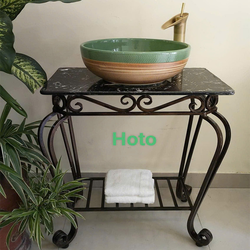 Bàn đá đen đặt lavabo cao cấp sử dụng đặt sàn, phù hợp với không gian hoài cổ.