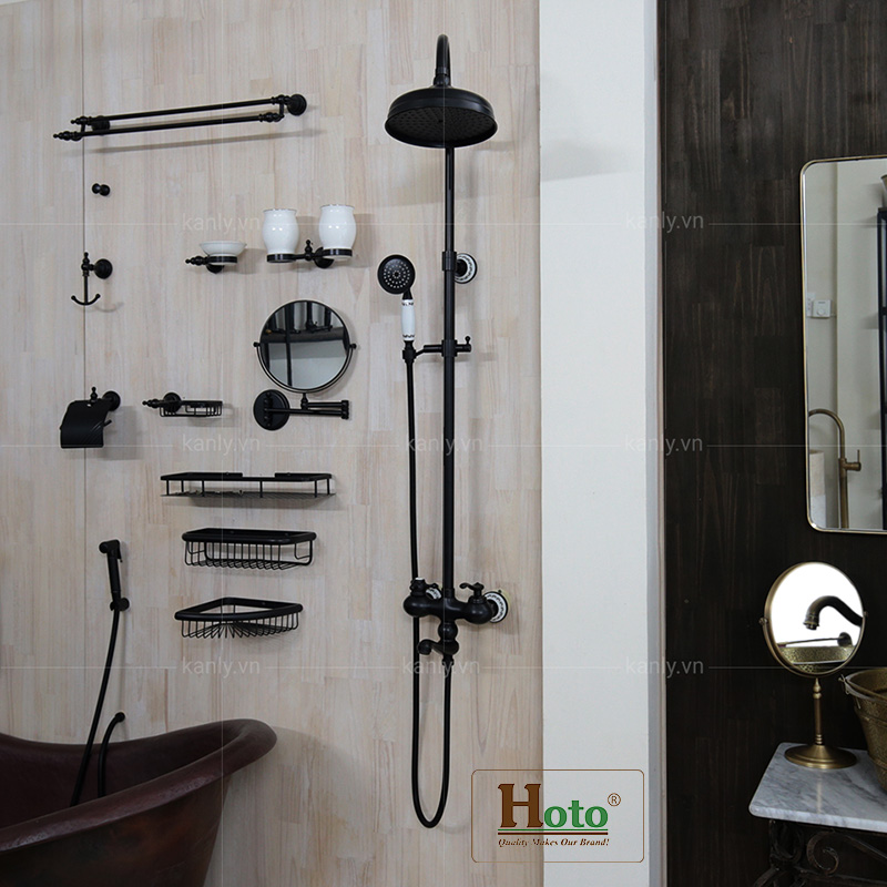 Vòi sen tắm đứng bằng đồng màu đen cao cấp sang trọng dành cho nhà tắm hiện đại, tân cổ điển.